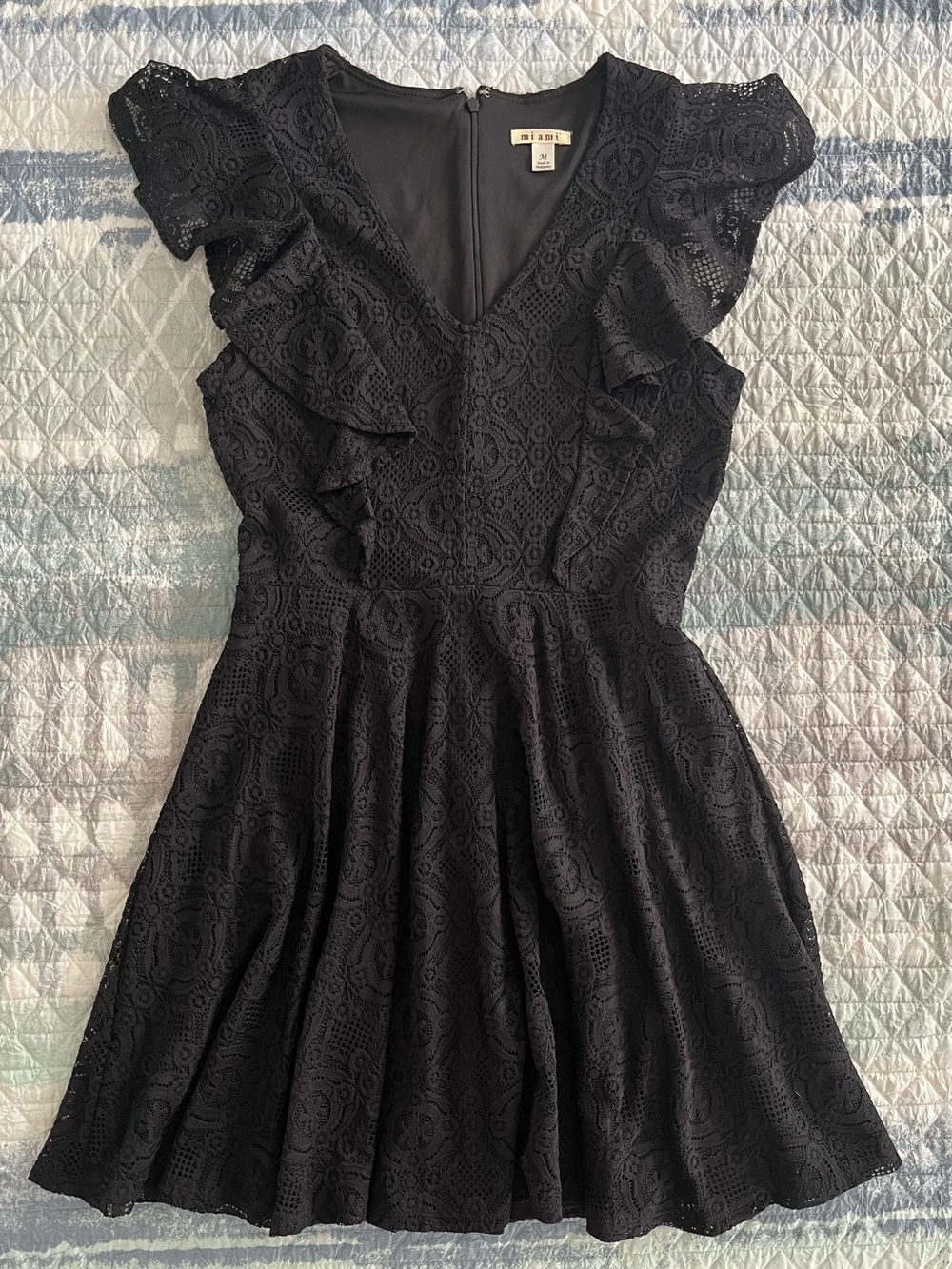 MIAMI Black Lace Mini Dress with Ruffle Shoulders 10076